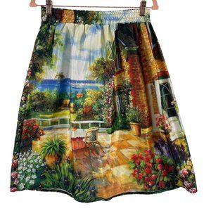 Women's Size Medium Multi-Colored A-Line Satin Midi Skirt W/ Cottage Pattern